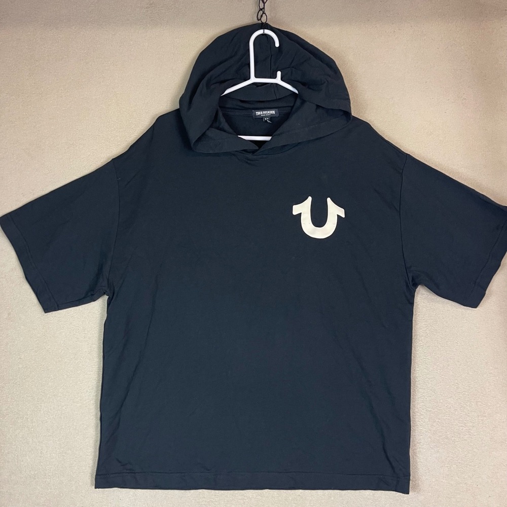 True Religion Mens Black Logo‎ Hoodie Short Sleeve Graphic T Shirt